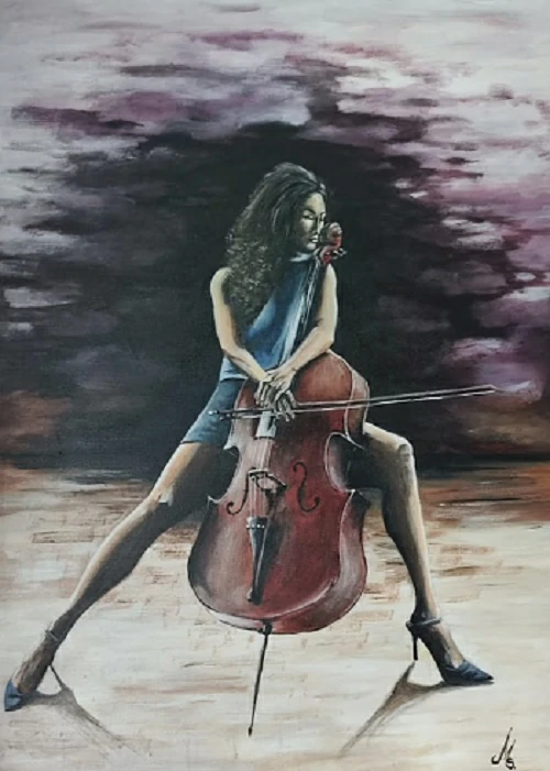 Pictura acrilica - Femeia cu violoncel